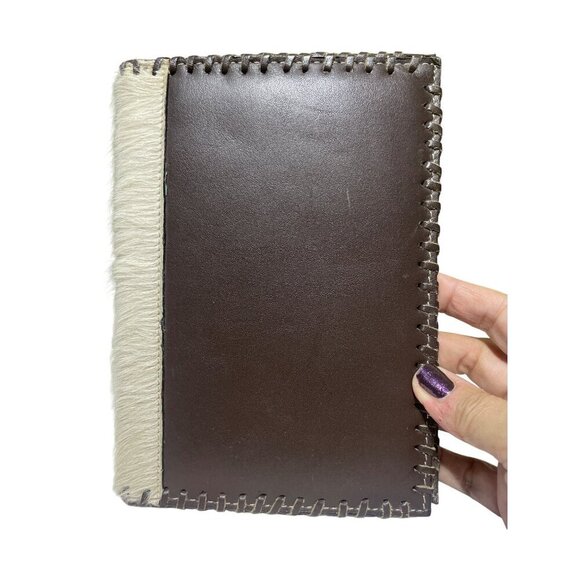 Handcrafted Brown Leather Journal Cover With White Fur Accent & Stitch Detailing - Picture 1 of 4